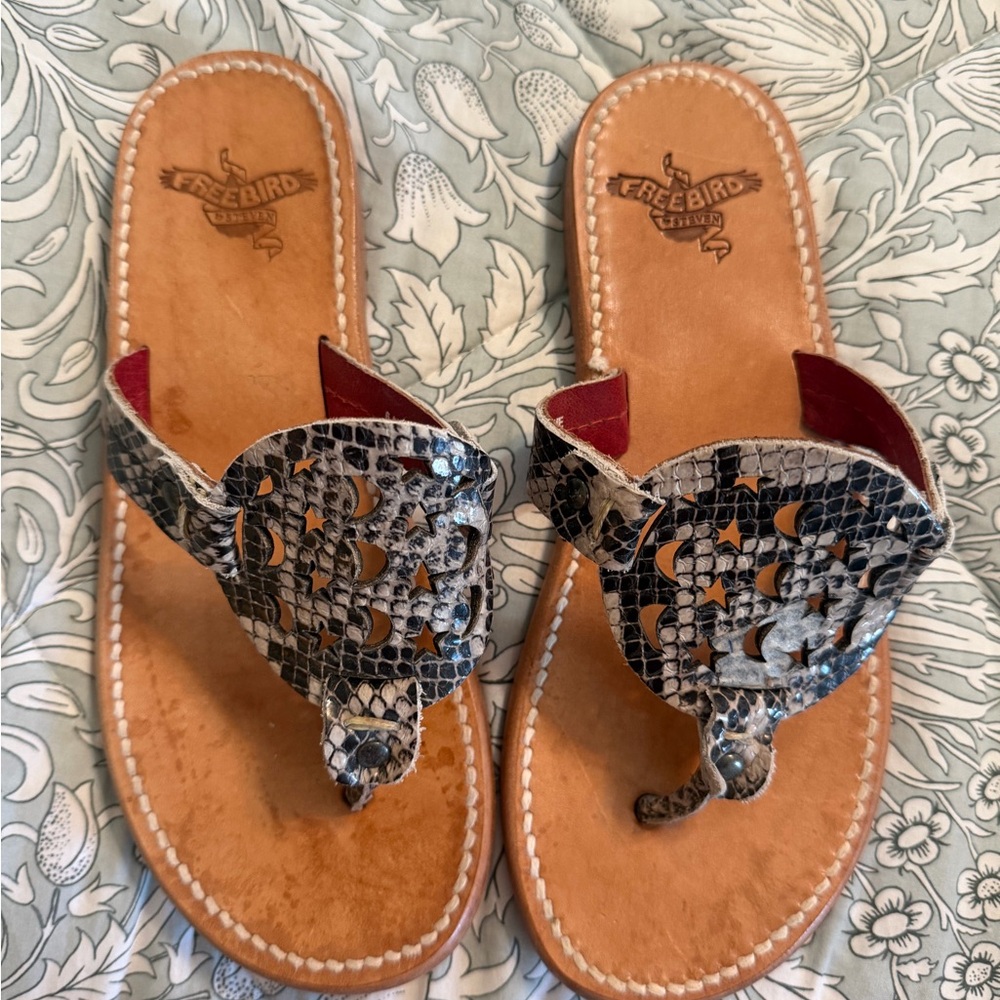 Freebird by Steven Tan Leather Sandal with Black/Gray Snake-Print Upper